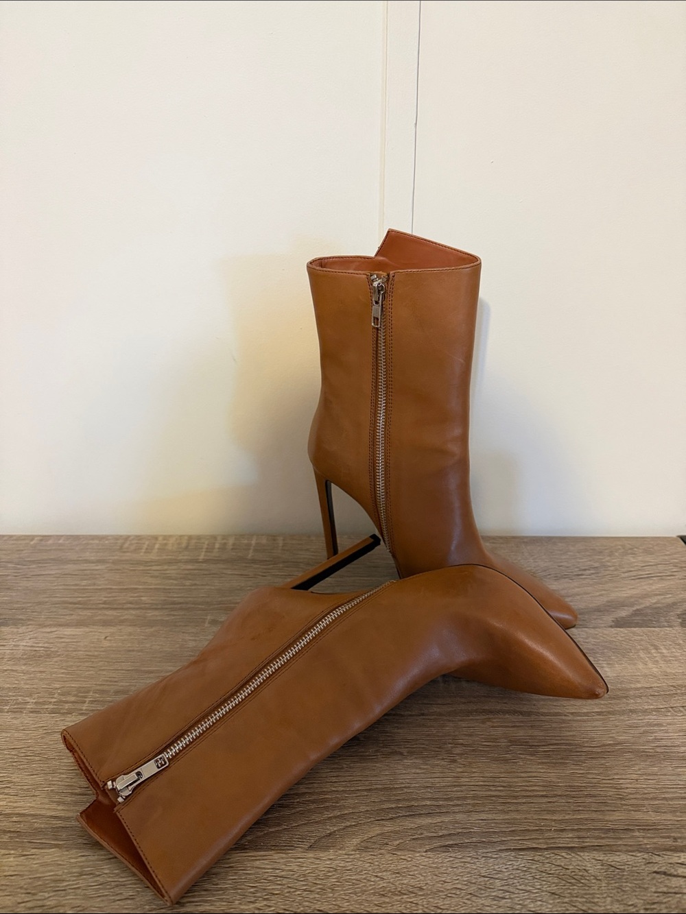 Tony Bianco Cognac Leather Stiletto Ankle Boots with Side Zip